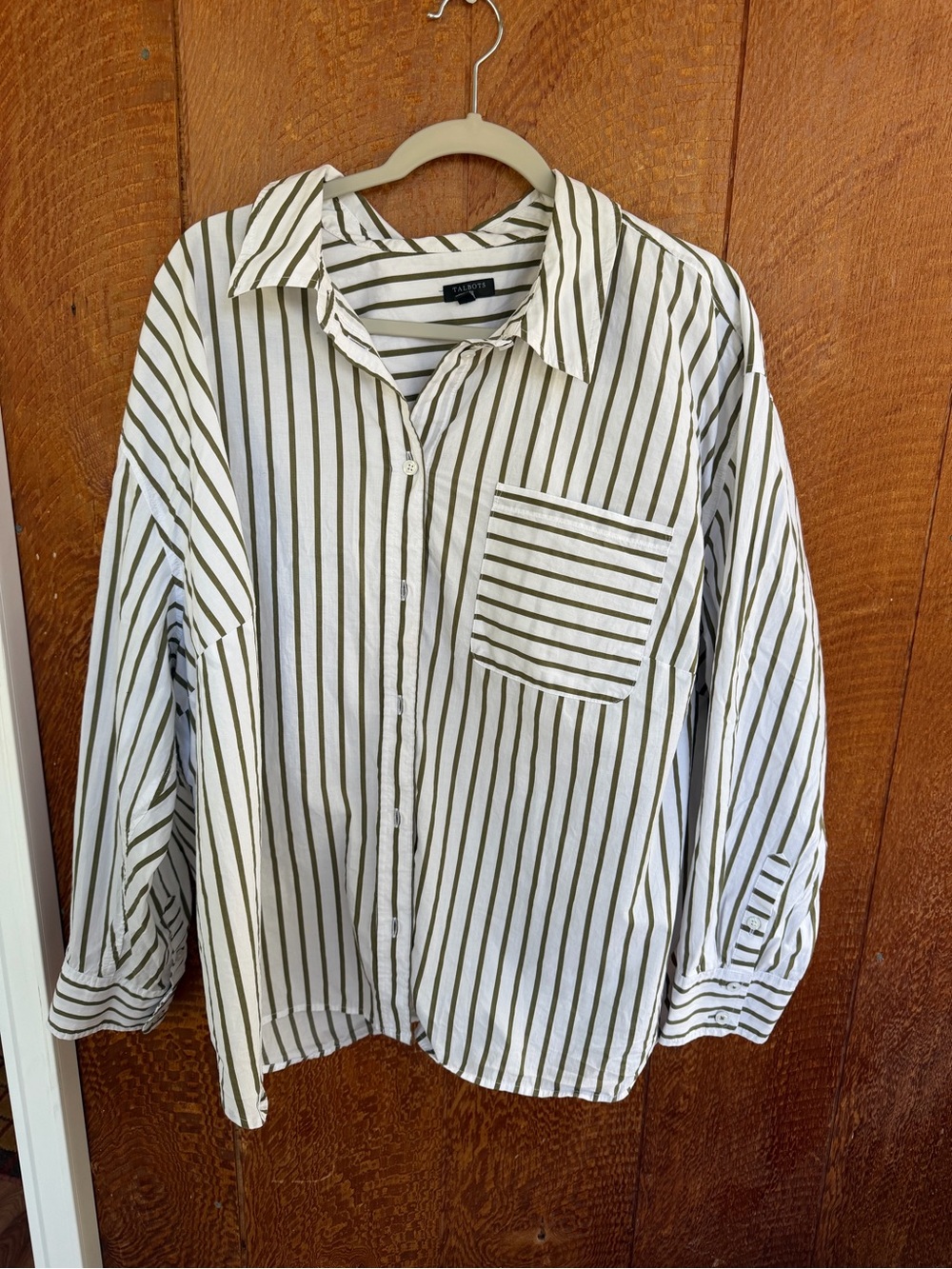 Talbots White and Olive Striped Button-Down Shirt
